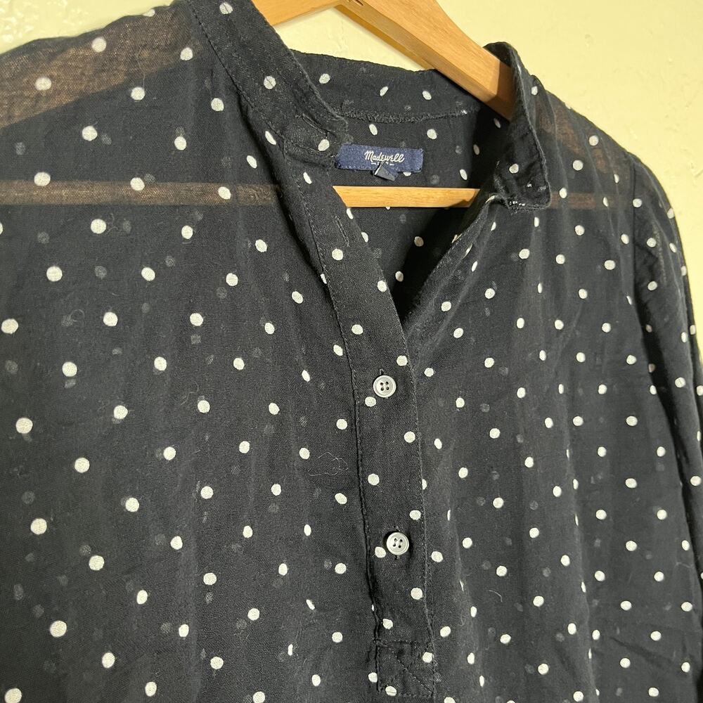 Madewell Womens' Polka Dot Shirred Popover Button Shirt Black White Size Small - Picture 3 of 8